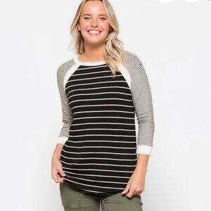 Pink Clover Black and White Fitted Raglan Tee